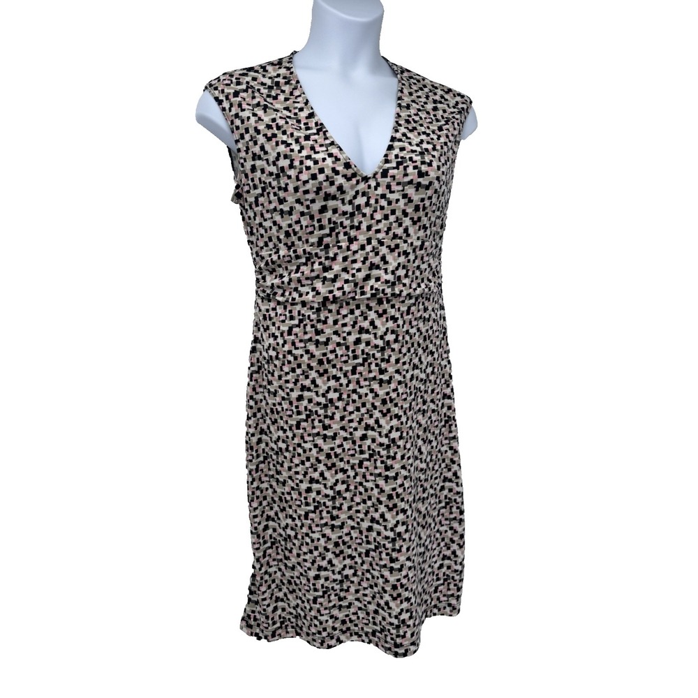 BCBG Paris Y2K geometric Print Dress bodycon stretch knit V Neck babydoll L